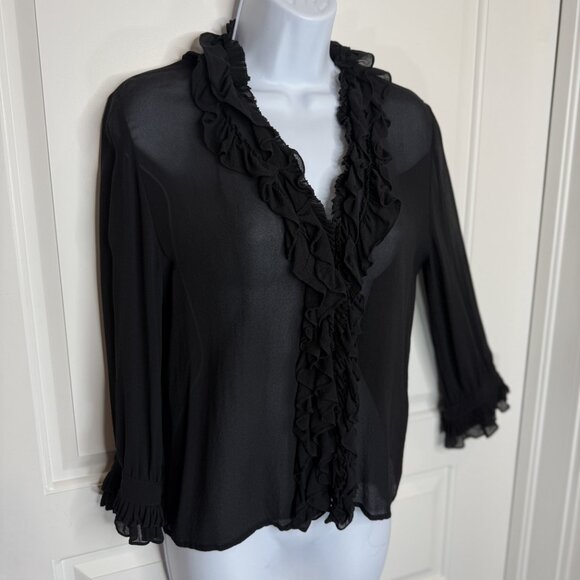 DKNY Black Silk Ruffle Front Blouse Size 6 Sheer Long Sleeve Top - Picture 6 of 12